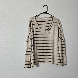 Striped V-Neck  Top - Cream/Black Sz S